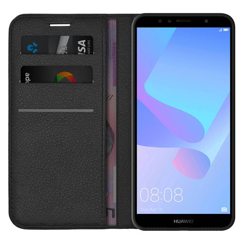 Leather Wallet Case & Card Holder Pouch for Huawei Y6 (2018) - Black